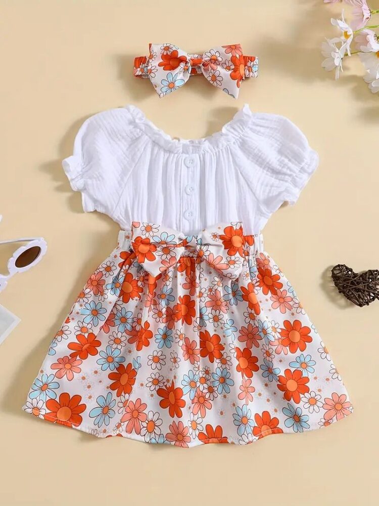 Floral Print Baby Dress with Bow Headband Set