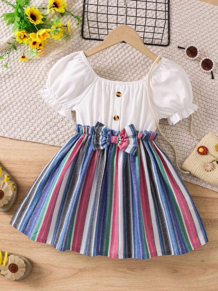 Striped Skirt with Puff Sleeve Top and Bow for Girls