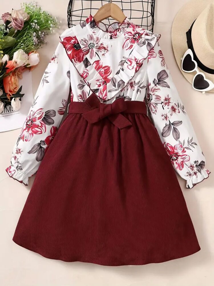 Floral Ruffle Top with Maroon Corduroy Skirt and Bow for Girls