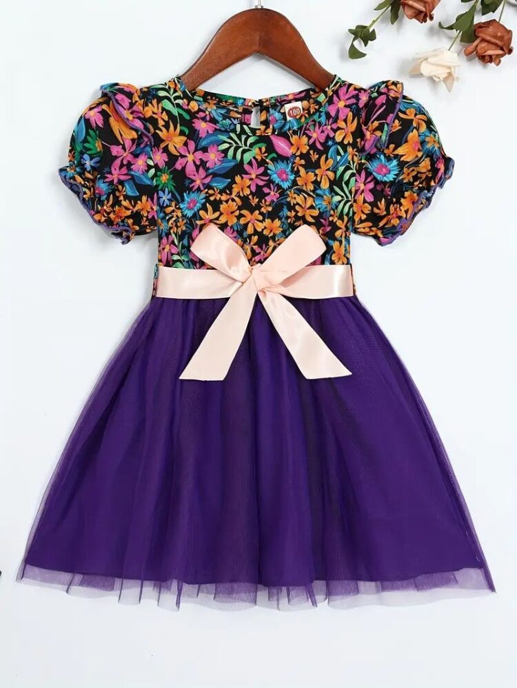 Floral Puff Sleeve Dress with Purple Tulle Skirt and Bow for Girls