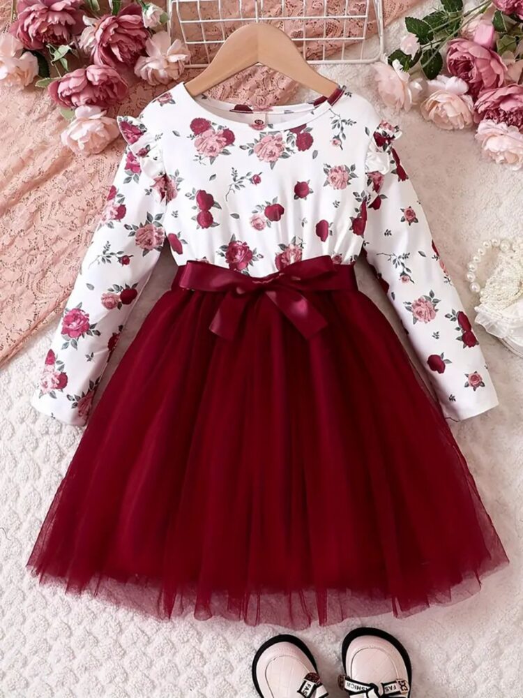 Floral Long-Sleeve Top with Maroon Tulle Skirt for Girls