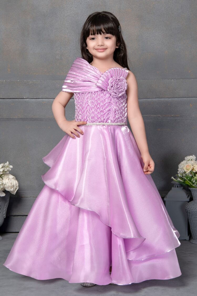 Lavender Satin Layered Gown with Floral Embellished Shoulder for Girls