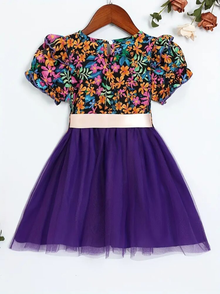 Floral Puff Sleeve Dress with Purple Tulle Skirt and Bow for Girls - Image 5