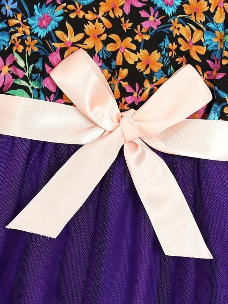 Floral Puff Sleeve Dress with Purple Tulle Skirt and Bow for Girls - Image 4