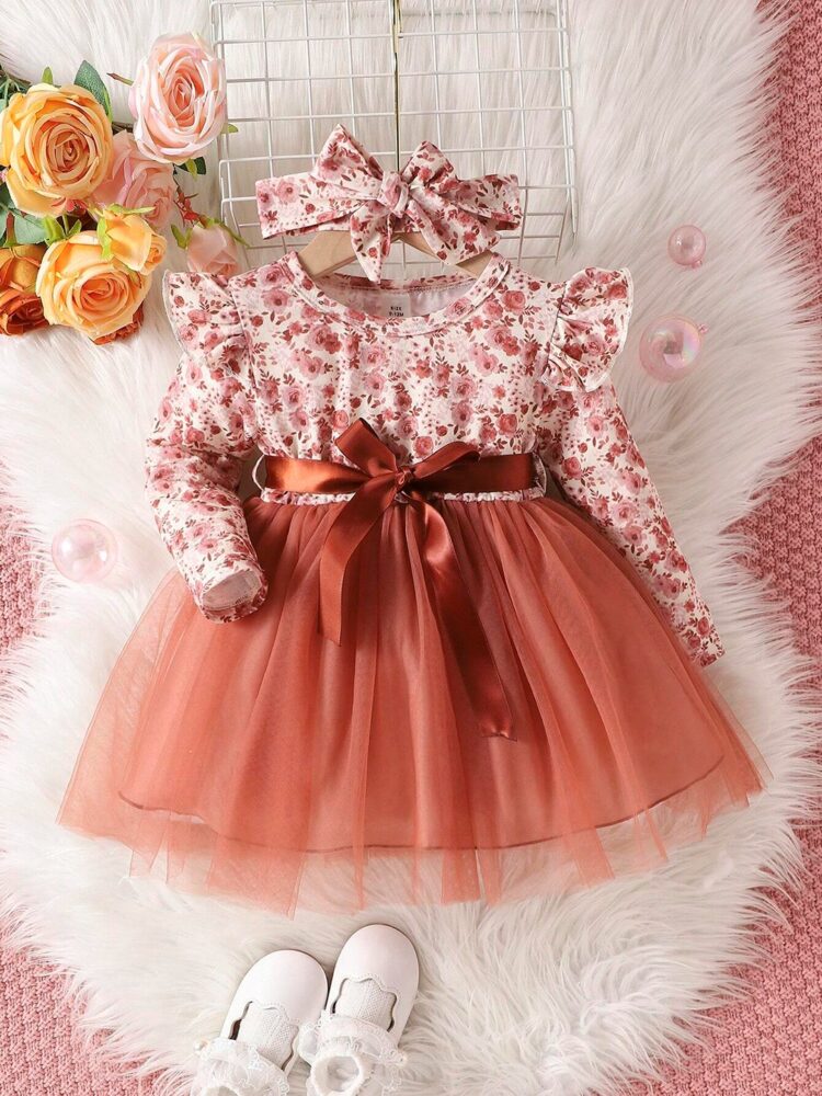 Floral Long-Sleeve Top with Satin Bow and Tulle Skirt Set for Girls - Image 2