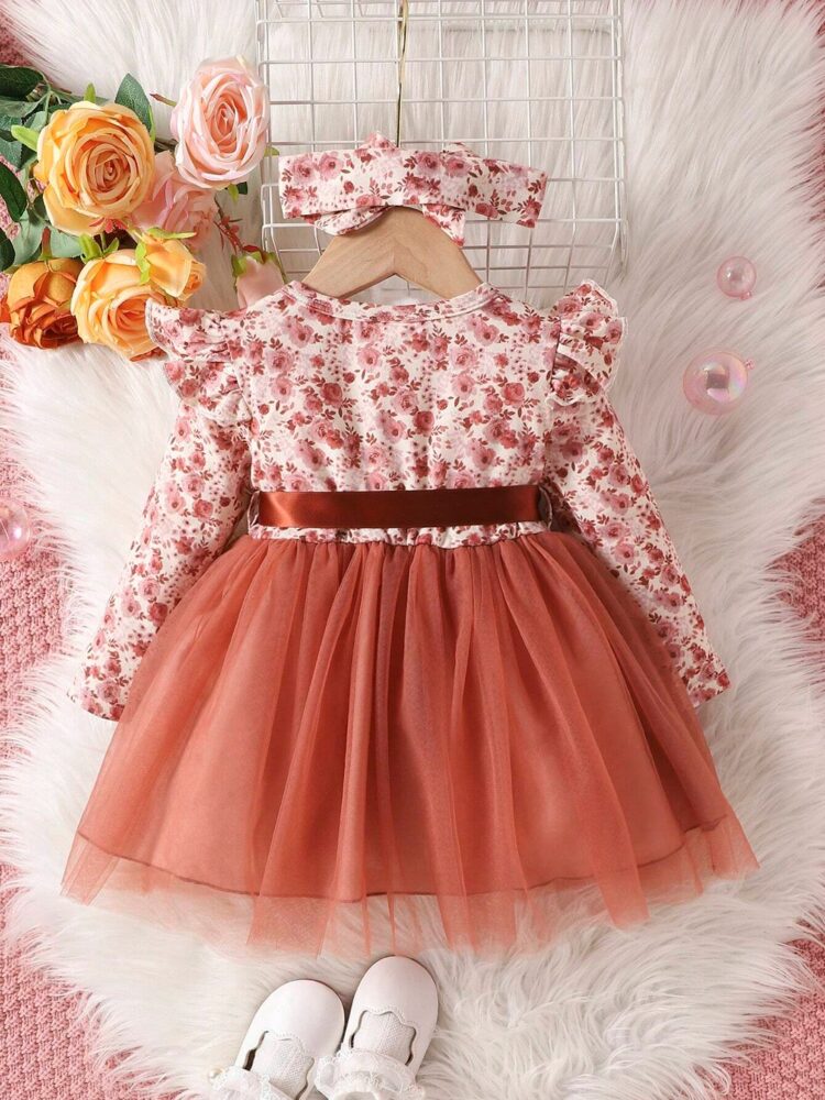 Floral Long-Sleeve Top with Satin Bow and Tulle Skirt Set for Girls