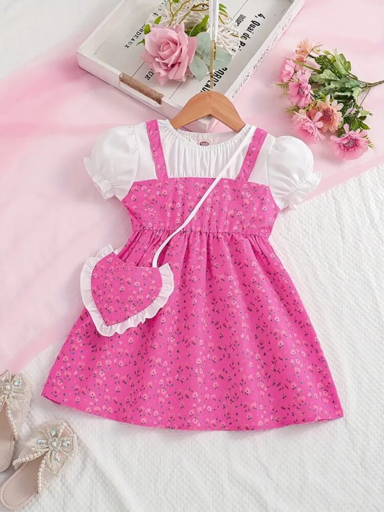 Pink Floral Pinafore Dress with White Puff Sleeve Top and Heart-Shaped Bag for Girls