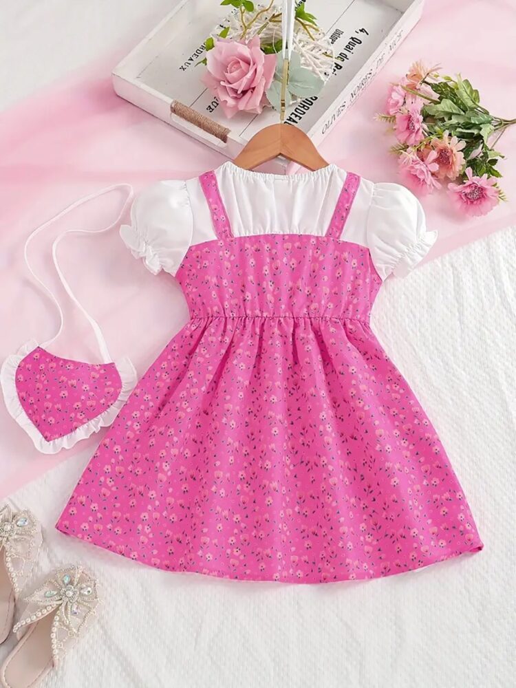 Pink Floral Pinafore Dress with White Puff Sleeve Top and Heart-Shaped Bag for Girls - Image 2