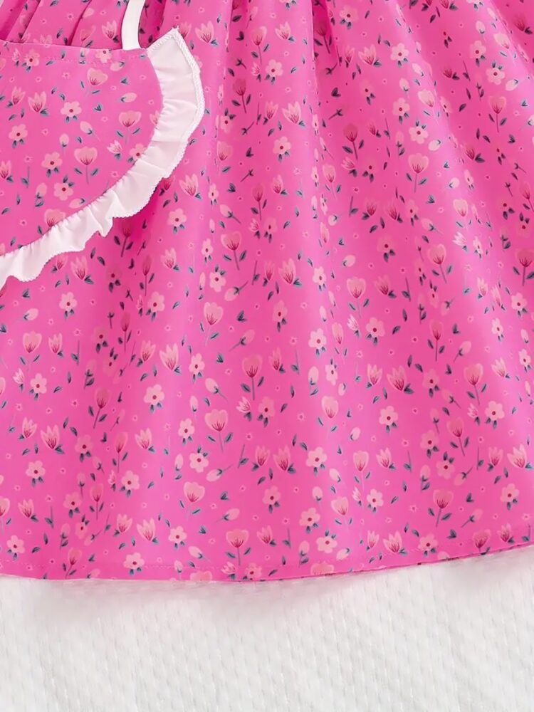 Pink Floral Pinafore Dress with White Puff Sleeve Top and Heart-Shaped Bag for Girls - Image 5