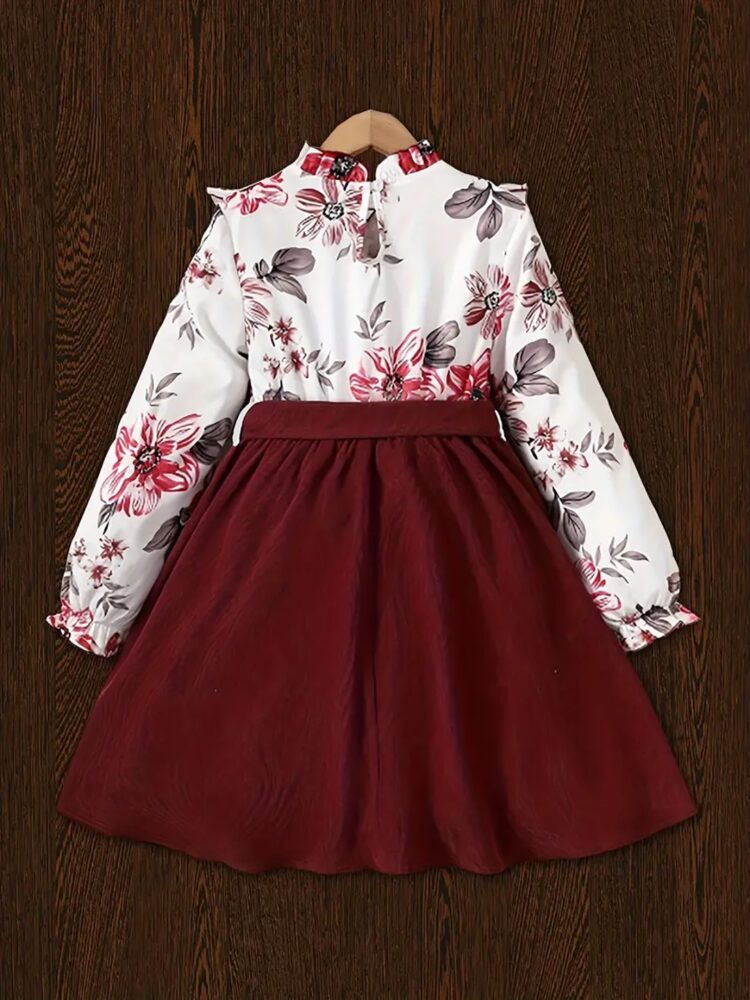 Floral Ruffle Top with Maroon Corduroy Skirt and Bow for Girls - Image 2