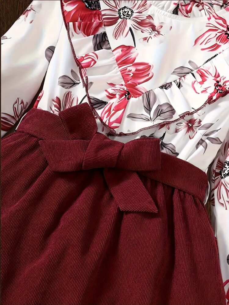 Floral Ruffle Top with Maroon Corduroy Skirt and Bow for Girls - Image 4