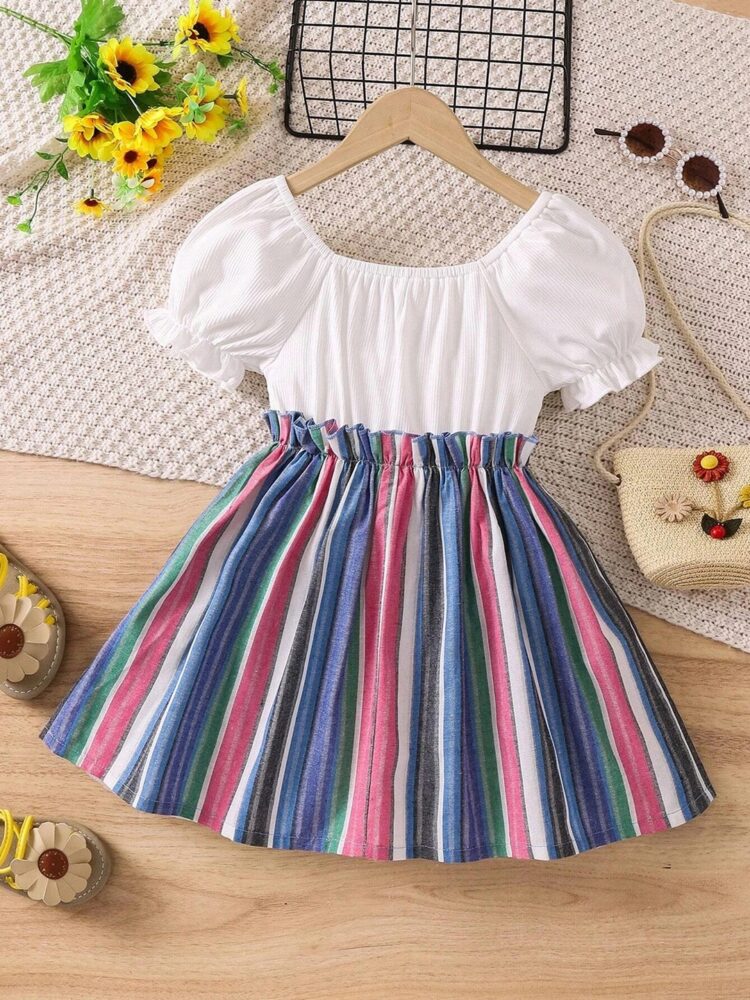 Striped Skirt with Puff Sleeve Top and Bow for Girls - Image 6