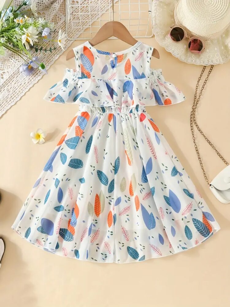 Off shoulder leaf print summer dress for Girls - Image 5