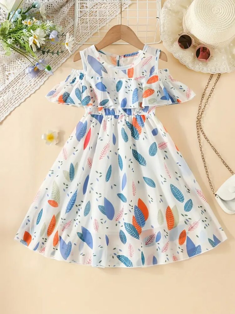 Off shoulder leaf print summer dress for Girls