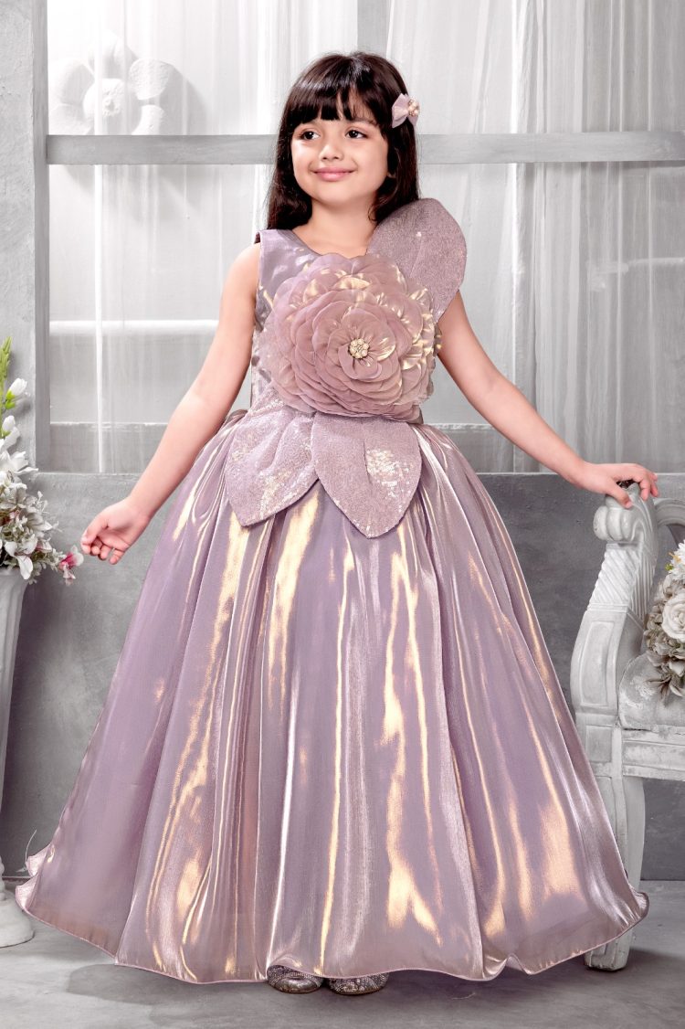 Shimmering Lilac Princess Gown with Floral Applique